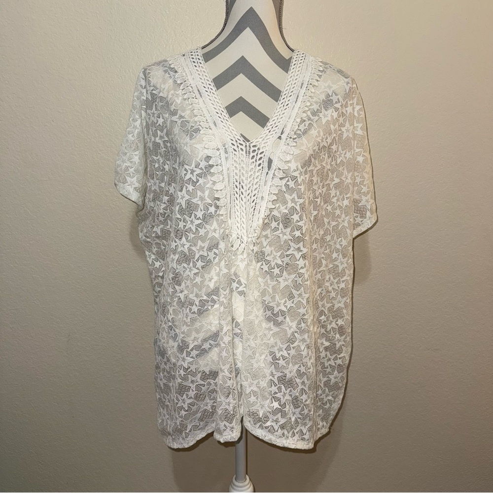 New White Star Lace Crochet Trim V Neck Pullover Swim Coverup One Size